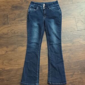 Flamingals women’s flare jeans | dark blue high rise stretch denim Y2K style